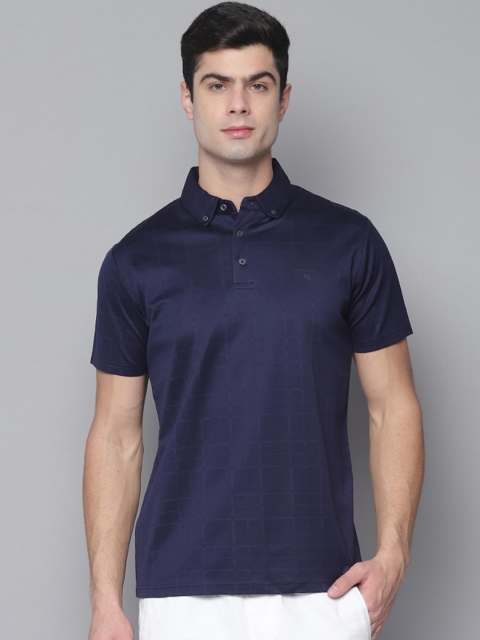 GANT Men Navy Blue Checked Polo Collar T-shirt