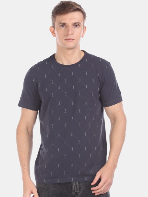 Arrow Men Navy Blue Printed Round Neck T-shirt