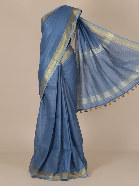 Pothys Blue Solid Pure Linen Saree