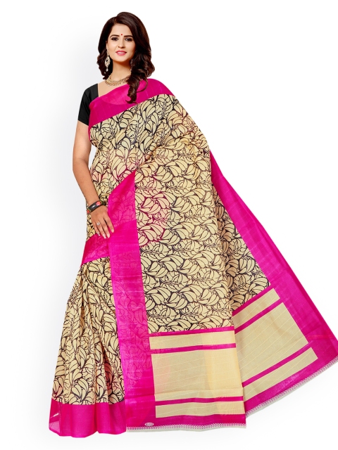 KALINI Brown & Pink Art Silk Printed Block Print Saree