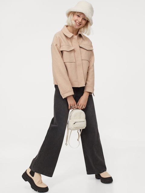 H&M Women Beige Solid Wool-Blend Jacket