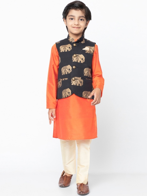 KISAH Boys Black & Cream-Coloured Solid Kurta with Pyjamas