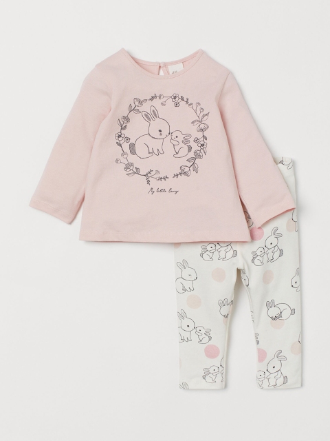 H&M Girls Pink & White Printed 2-piece Jersey Set