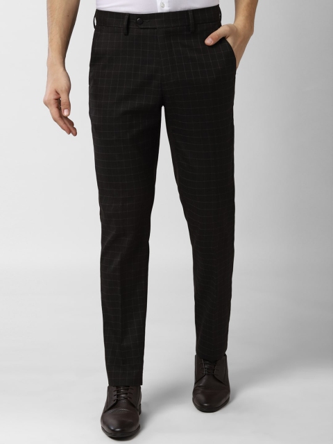 Peter England Men Black Slim Fit Checked Formal Trousers