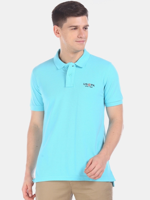 U.S. Polo Assn. Men Turquoise Blue Solid Polo Collar T-shirt