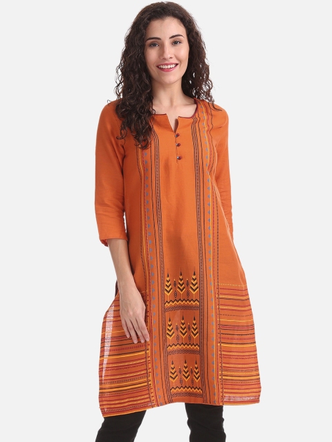 Karigari Women Orange & Black Printed Straight Kurta