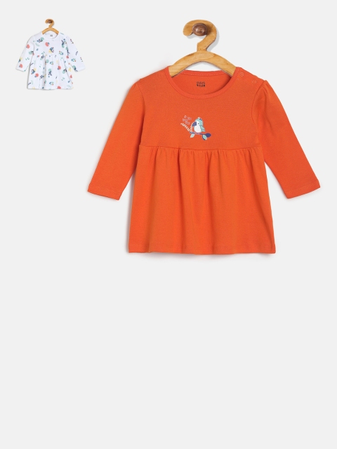 MINI KLUB Girls Pack Of 2 Printed Cotton Fit and Flare Dress, Orange