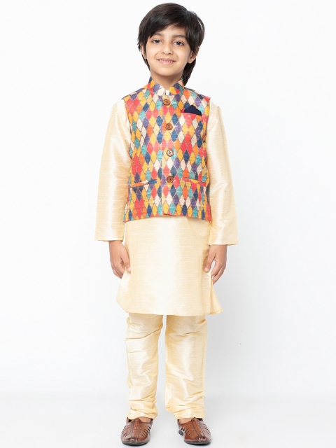 KISAH Boys Cream-Coloured Woven Design Kurta with Pyjamas & Nehru Jacket