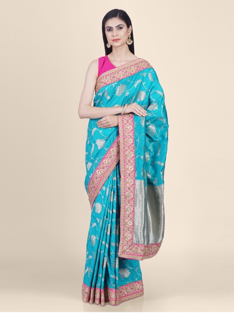 Hastakala Blue & Gold-Toned Pure Silk Woven Design Saree