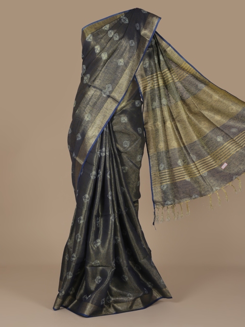 Pothys Grey & Navy Blue Pure Linen Woven Design Saree