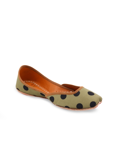 HUE Women Olive Green & Black Printed Mojaris