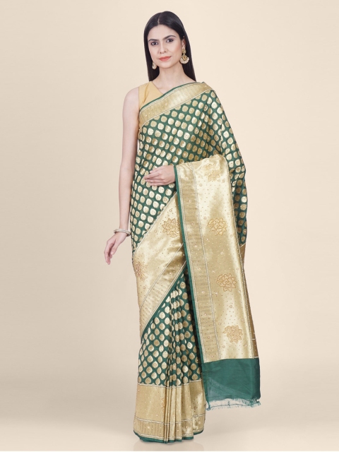 Hastakala Green & Gold-Toned Silk Blend Woven Design Uppada Saree