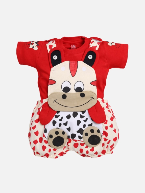 Jaybee Infant Boys Red & Beige Appliqued Dungarees with T-shirt