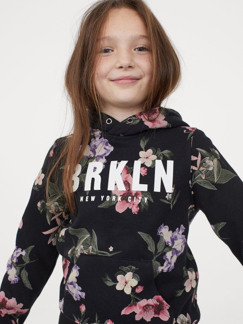 H&M Girls Black Printed hoodie