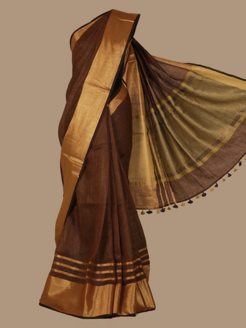 Pothys Brown Solid Pure Linen Saree