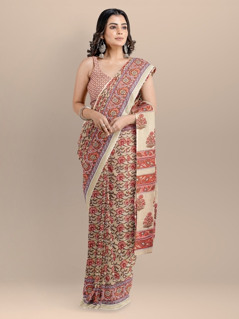 BharatSthali Beige Pure Cotton Printed Handloom Bagru Saree