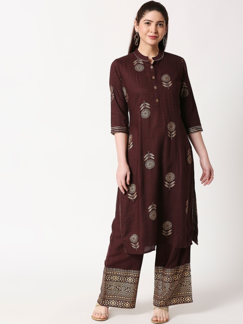 ZRI Women Maroon Printed Kurta with Palazzos