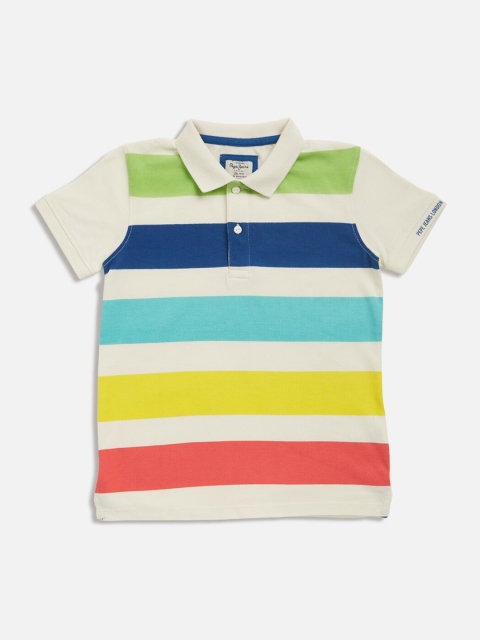 Pepe Jeans Boys White Striped Polo Collar T-shirt