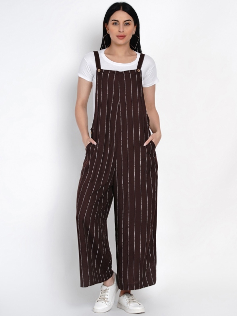 FABNEST Women Brown & White Striped Loose Fit Dungaree