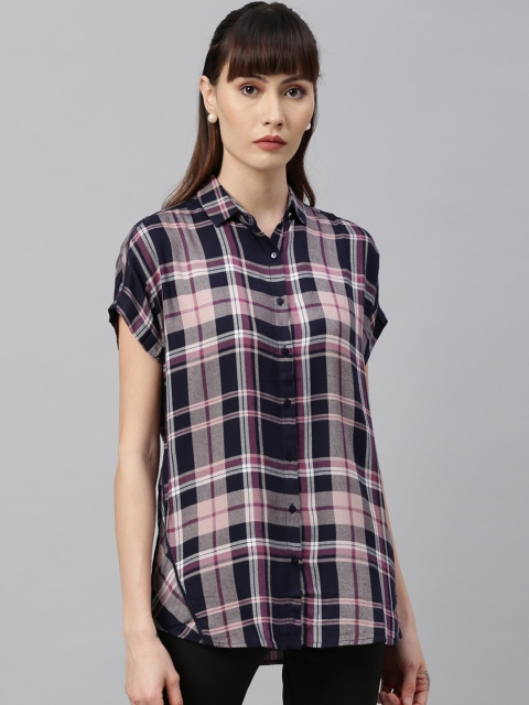 Park Avenue Woman Blue & Pink Regular Fit Checked Casual Shirt