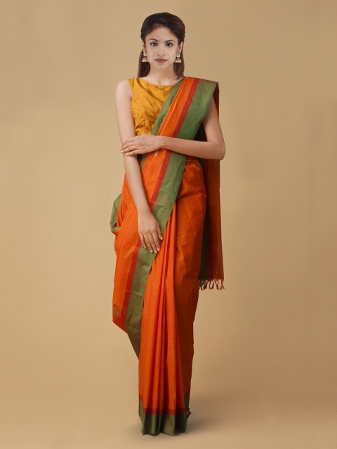 Unnati Silks Orange Solid Pure Kanchi Cotton Sustainable Saree