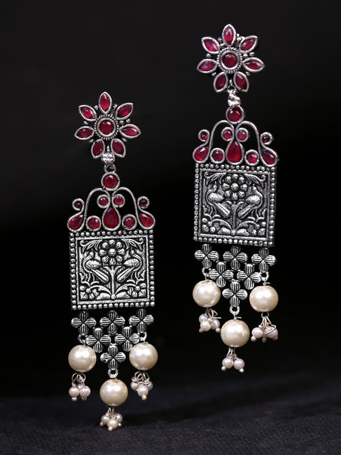 Yellow Chimes Red & Silver-Plated Oxidized Floral Drop Earrings 
Yellow Chimes Red & Silver-Plated Oxidized Floral Drop Earrings