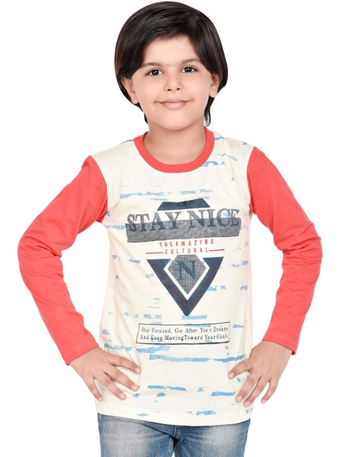 ORANGE PUMPKKIN Boys Off-White Printed Round Neck T-shirt