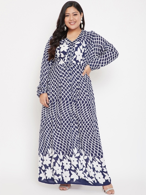 CHROME & CORAL Women Navy Blue Checked Maxi Dress