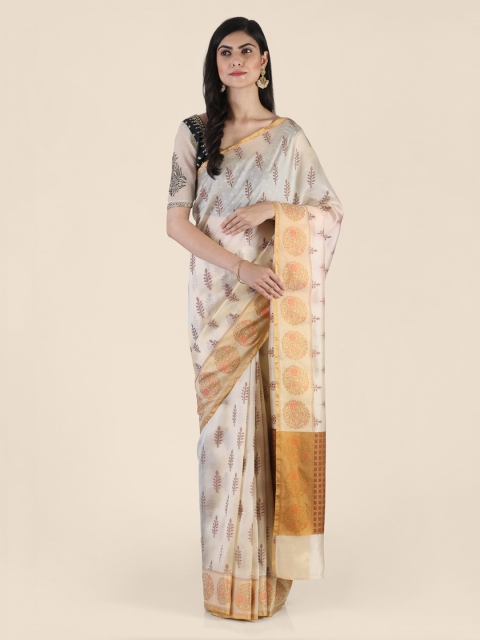 Shruti and Mangaaysh Cream-Coloured & Gold-Toned Silk Blend Woven Design Banarasi Saree