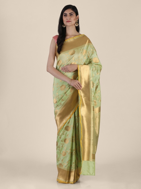 Shruti and Mangaaysh Sea Green Silk Blend Woven Design Banarasi Handloom Saree