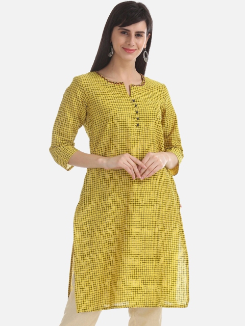 Karigari Women Yellow & Black Checked Straight Kurta