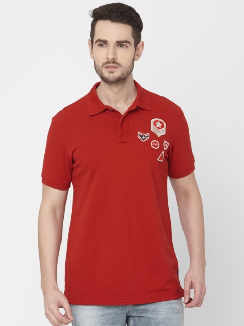 Mufti Men Red Solid Polo Collar Pure Cotton T-shirt