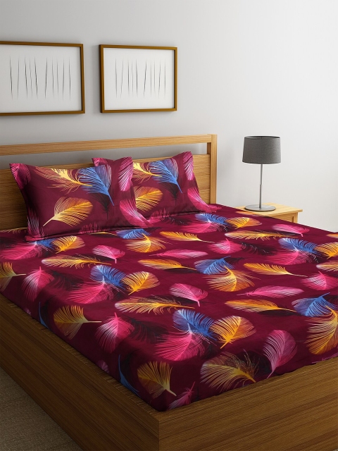 NEUDIS Maroon & Pink Floral Printed 180 TC 1 King Bedsheet With 2 Pillow Covers