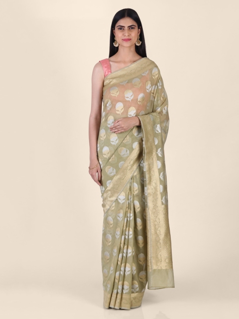 Shruti and Mangaaysh Green & Silver-Toned Silk Blend Woven Design Banarasi Saree