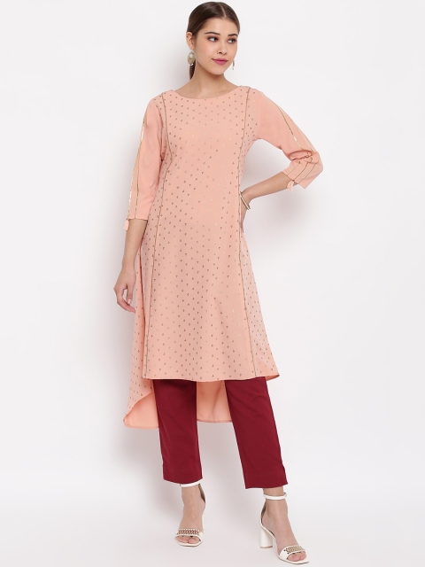 Janasya Women Peach-Coloured & Gold-Coloured Printed A-Line Kurta