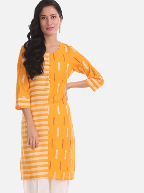 Karigari Women Mustard Yellow Striped Straight Kurta