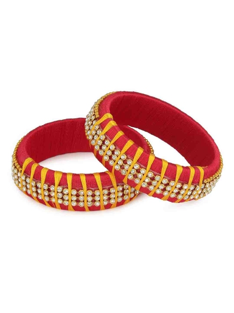 AKSHARA Set Of 2 Red & Yellow Handcrafted Silk Thread & Stone Studded Bangles
