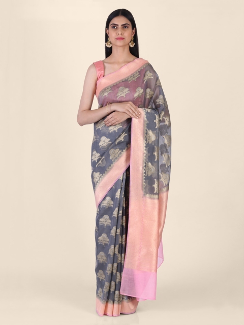 Shruti and Mangaaysh Grey & Pink Silk Blend Embroidered Banarasi Saree