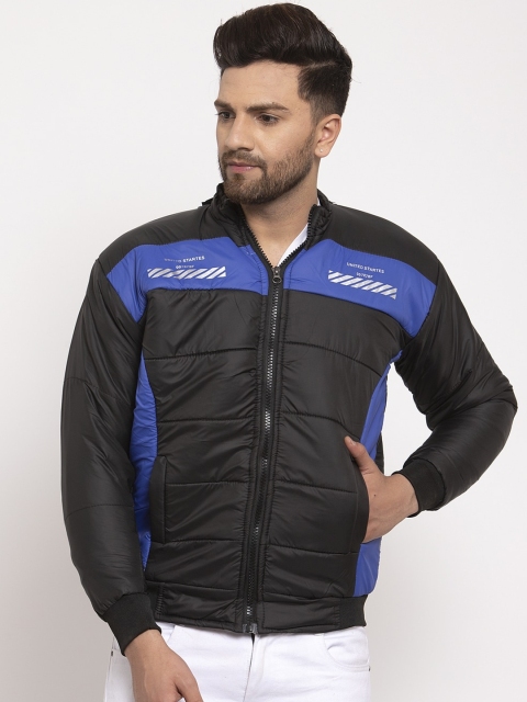 KLOTTHE Men Black & Blue Colourblocked Windcheater Padded Jacket