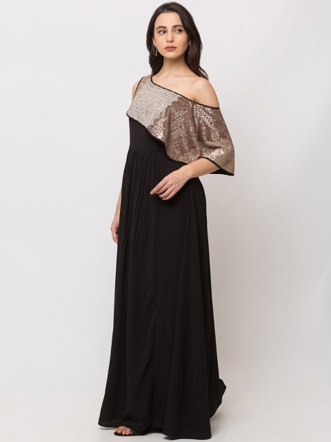 SHECZZAR Women Black & Brown Embellished Colourblocked Maxi Dress