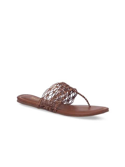 Inc 5 Women Copper-Toned Woven Design T-Strap Flats