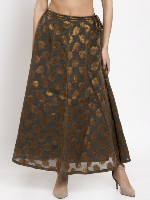 Ayaany Women Brown & Gold-Coloured Woven-Design Flared Maxi Skirt