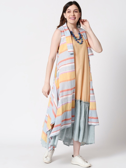 TERQUOIS Women Peach & Blue Colourblocked A-Line Layered Dress with Shrug & Necklace
TERQUOIS Women Peach & Blue Colourblocked A-Line Layered Dress with Shrug & Necklace