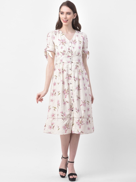 Latin Quarters Women White Floral Printed Fit and Flare Dress