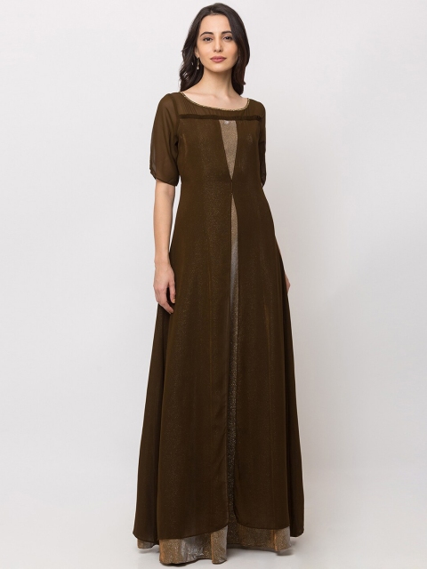 SHECZZAR Women Olive Green & Gold-Coloured Colourblocked Maxi Dress