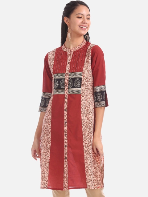 Karigari Women Maroon & White Printed Straight Kurta