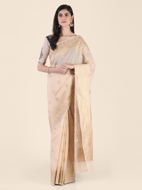 Shruti and Mangaaysh Cream-Coloured Silk Blend Woven Design Banarasi Saree