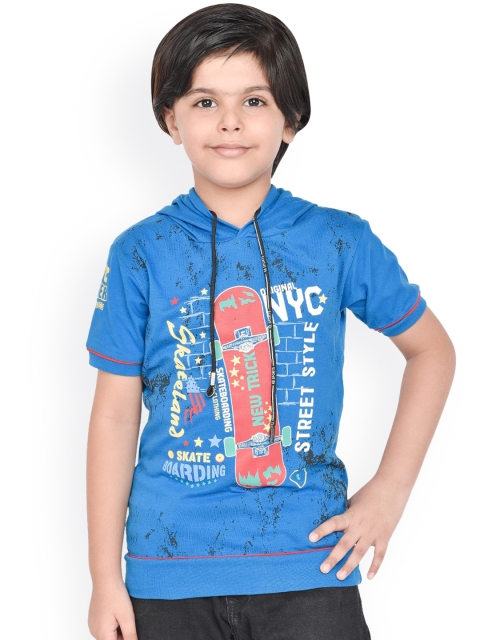 ORANGE PUMPKKIN Boys Blue Printed Hood T-shirt