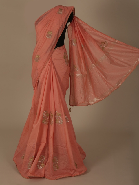 Pothys Peach-Coloured Embroidered Jute Silk Saree