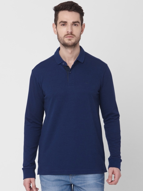 Mufti Men Blue Slim Fit Solid Polo Collar T-shirt